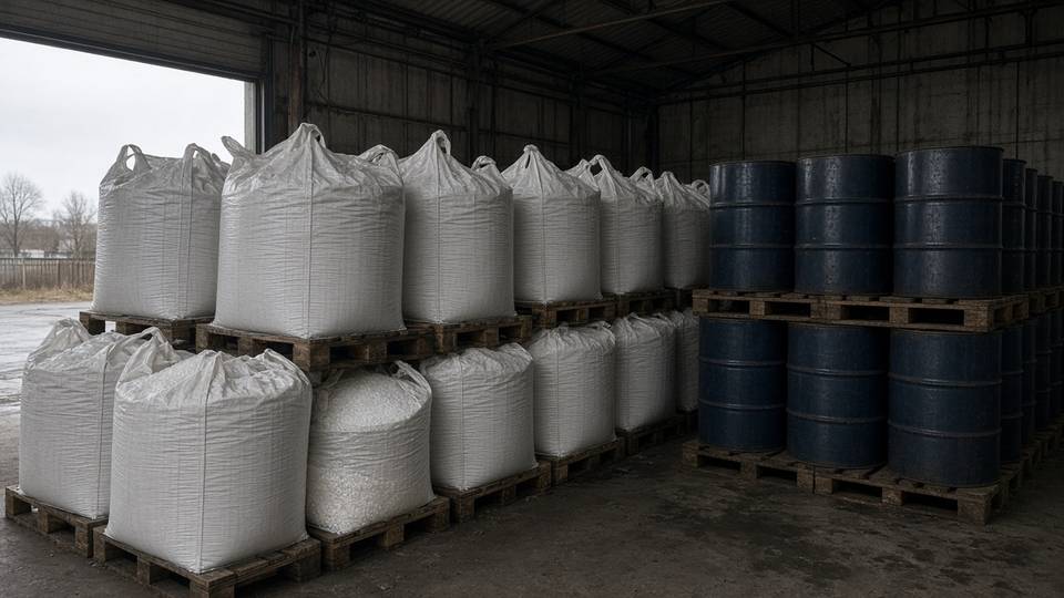 Warehouse with fertilizer jumbo bags and drums of oil on pallets