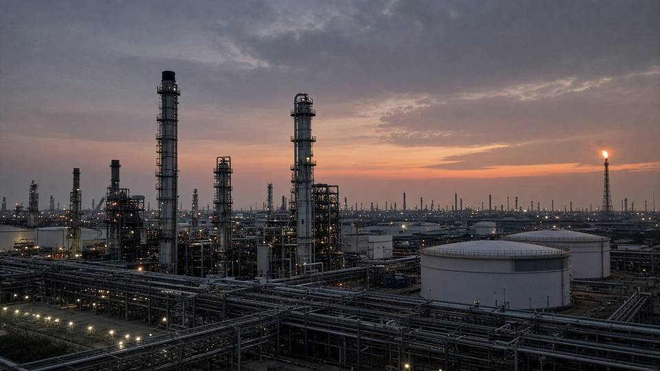 Petroleum refinery with stacks and storage tanks at dusk