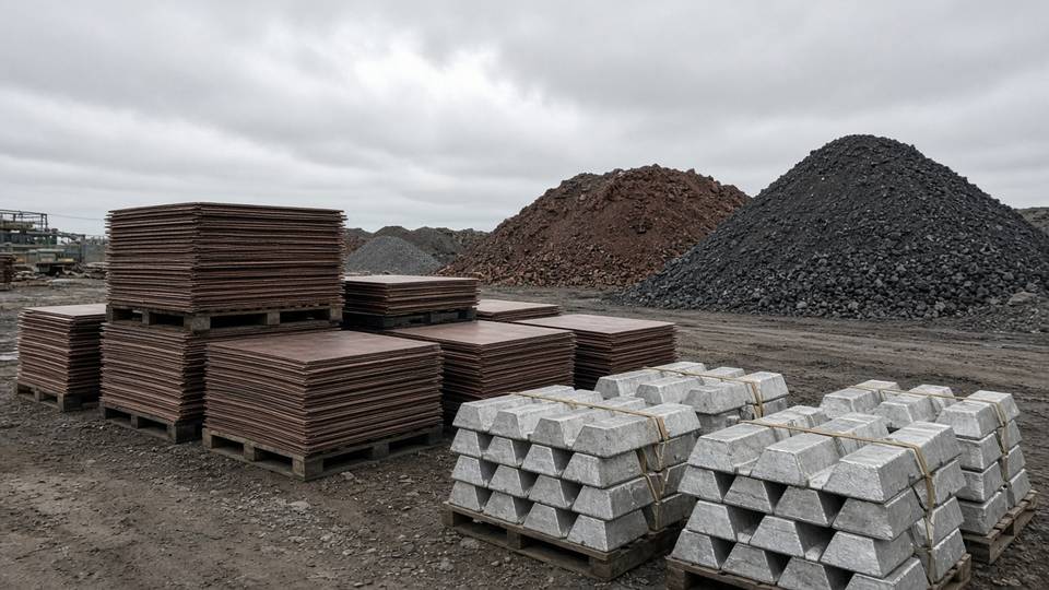 Raw materials yard with copper cathode stacks, aluminum ingots and ore piles